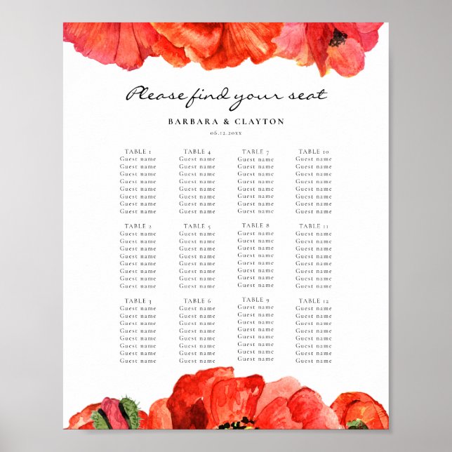 Affiche Cartes de sièges mariage de couleur d'eau rouge (Devant)
