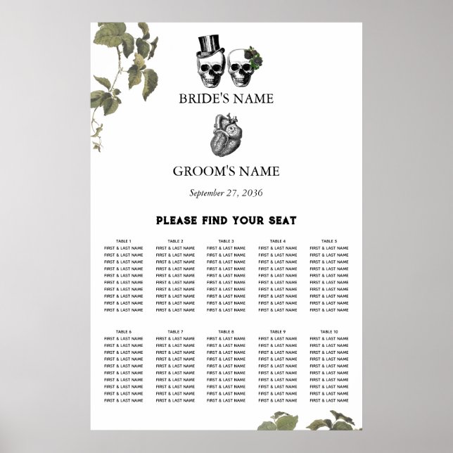 Affiche Cartes de sièges Mariages de crânes floraux du coe (Devant)