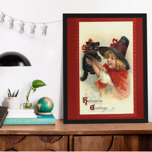 Affiche Cartes de vœux Halloween vintage petite sorcière e