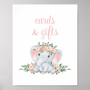 Affiche Cartes et cadeaux Baby shower Eléphant Rose Cute