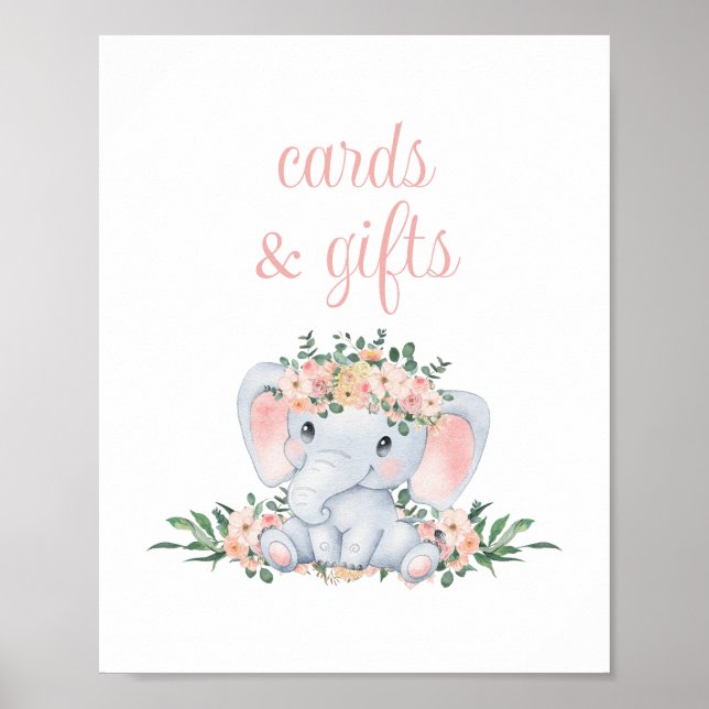 Affiche Cartes et cadeaux Baby shower Eléphant Rose Cute (Devant)