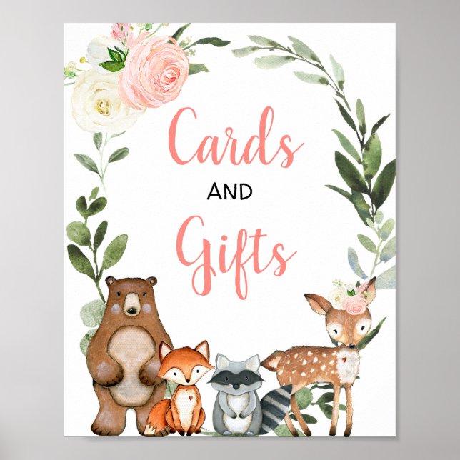 Affiche Cartes et cadeaux baby shower vert bois rose (Devant)