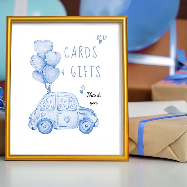 Affiche Cartes et cadeaux Ballons Bleus et voiture Anniver (Cards and Gifts sign - from my Car and Balloons Valentine Birthday Collection)