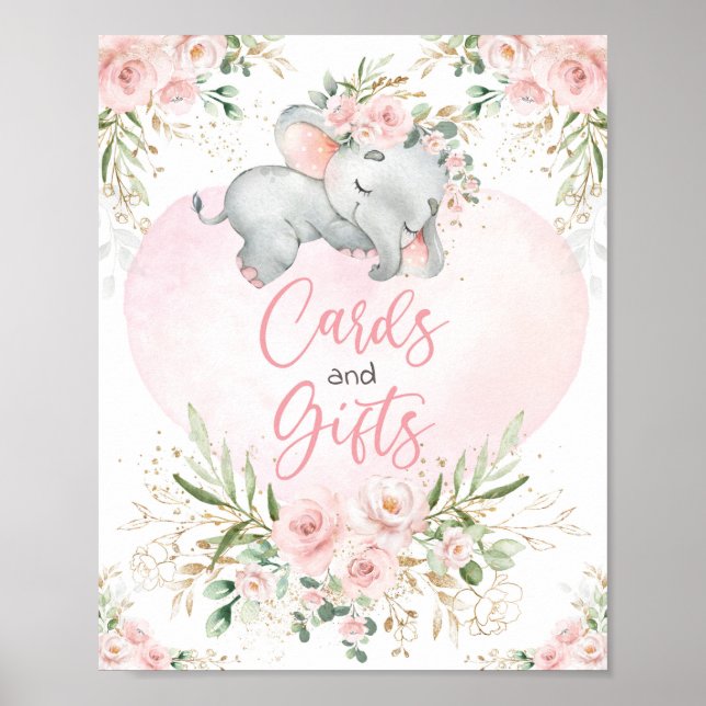 Affiche Cartes et cadeaux Blush Floral Elephant Baby showe (Devant)