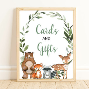 Affiche Cartes et cadeaux bois vert panneau baby shower