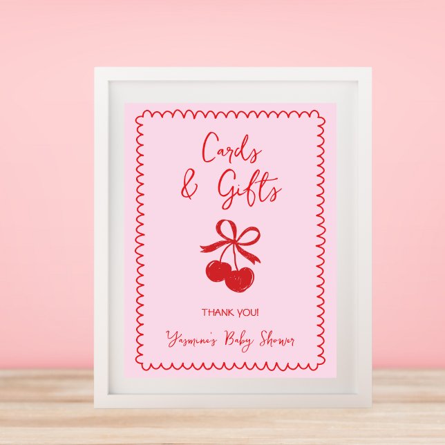 Affiche Cartes et cadeaux Cerisier Bow Baby shower tiré ma (Cards & Gifts Cherry Bow Hand Drawn Baby Shower Poster)