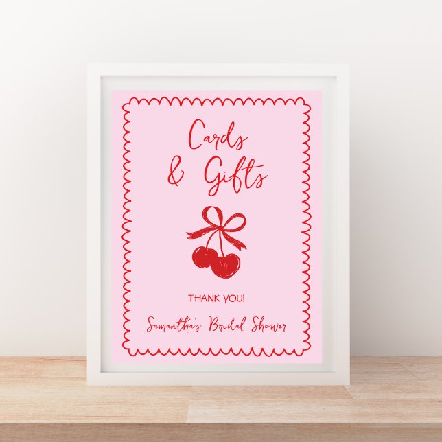 Affiche Cartes et cadeaux Cerisier Bow Fête des mariées ti (Cards & Gifts Cherry Bow Hand Drawn Bridal Shower Poster)