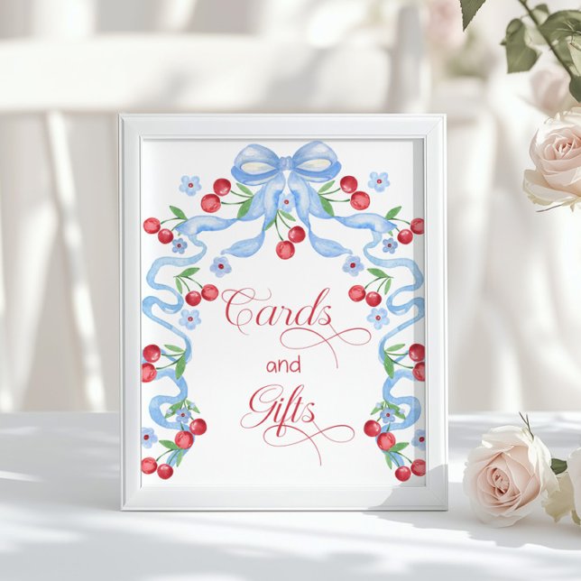 Affiche Cartes et cadeaux Cherry Whimsical Blue Bow (Créateur téléchargé)