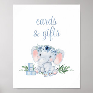 Affiche Cartes et cadeaux de Baby shower Blue Floral Eleph