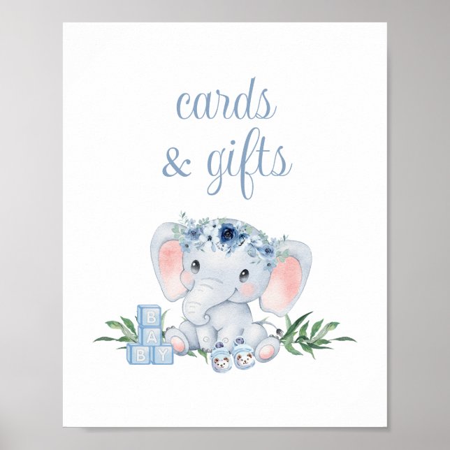 Affiche Cartes et cadeaux de Baby shower Blue Floral Eleph (Devant)
