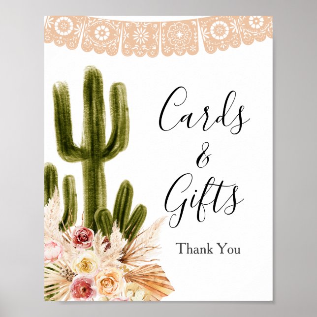 Affiche Cartes et cadeaux de cactus boho fleurs roses d'he (Devant)