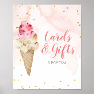 Affiche Cartes et cadeaux de crème glacée rose et or