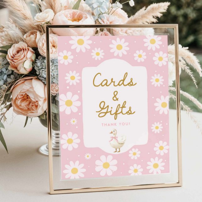 Affiche Cartes et cadeaux d'oie et de marguerite rose (Pink Silly Goose Cards and Gifts Sign)