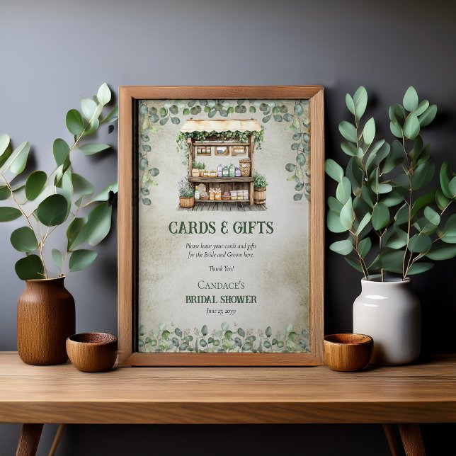 Affiche Cartes et cadeaux du marché fermier frais (Fresh Off the Market Farmer's Stand and Eucalyptus Bridal Shower Cards and Gifts Sign Poster)