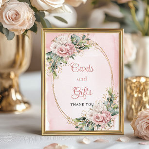 Affiche Cartes et Cadeaux Fleuris en Or Rose Romantique