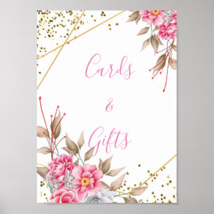 Affiche Cartes et cadeaux fleuris roses et cadres d'or géo