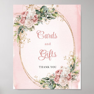 Affiche Cartes Et Cadeaux Fleurs Rose Pâle Paillettes Doré