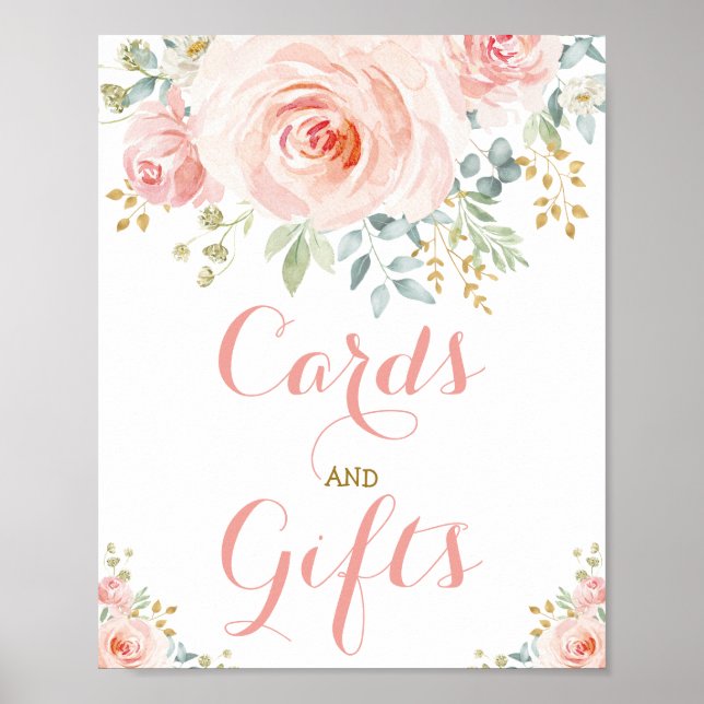 Affiche Cartes et Cadeaux Fleurs rose poudré et vert de gr (Devant)