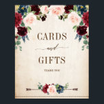 Affiche Cartes et cadeaux Floral Rustic Navy de Bourgogne<br><div class="desc">Aquarelle bordeaux bleu marine rousse rose rustique pays classée cartes mariages florales et cadeaux signent modèle avec le feuillage botanique vert et les feuilles d'eucalyptus en arrière - plan en bois. Ce magnifique design facile à customiser peut s'adapter facilement à vos couleurs, styles et thèmes mariages et il est un...</div>
