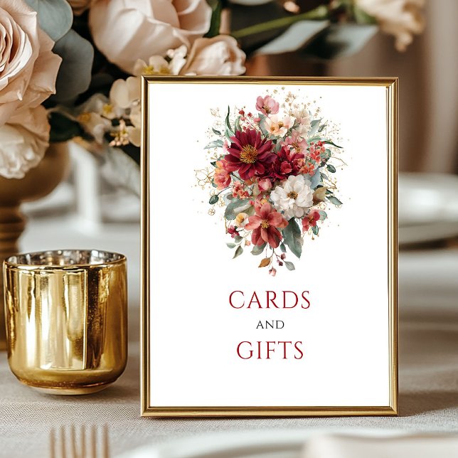 Affiche Cartes et cadeaux floraux d'automne rouge profond  (Deep Red Autumn Floral Cards And Gifts Tabletop)