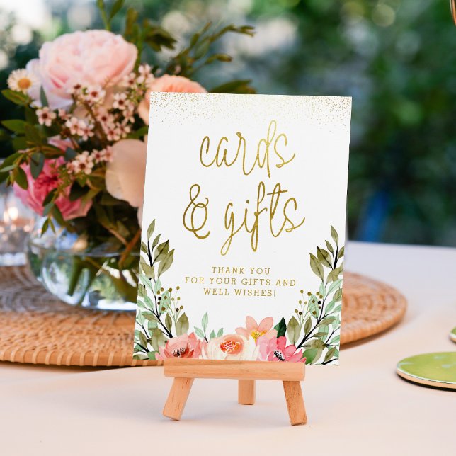 Affiche Cartes et cadeaux floraux dorés Panneau de Fête de (Sign Mock-up)