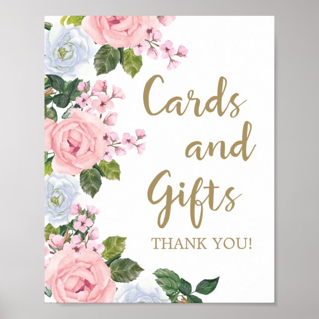 Affiche Cartes et cadeaux floraux rose blanc Baby shower (Devant)