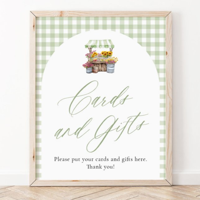 Affiche Cartes et Cadeaux Green Gingham Fresh Off The Mark (Green Gingham Fresh Off The Market Cards and Gifts Sign)
