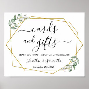 Affiche Cartes et cadeaux mariage réception verdure or sig