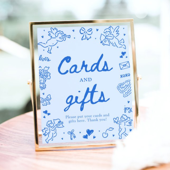 Affiche Cartes et cadeaux modernes de la Saint-Valentin de (Blue Hand Drawn Modern Valentine Cards and Gifts  Sign)