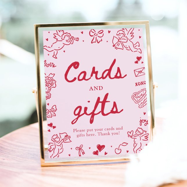 Affiche Cartes et cadeaux modernes de la Saint-Valentin de (Pink Hand Drawn Modern Valentine Cards and Gifts Sign)