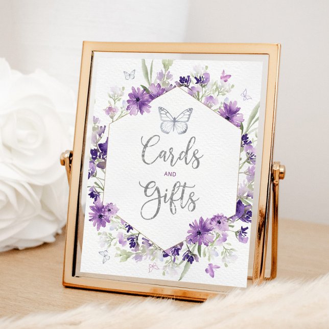 Affiche Cartes et cadeaux papillon à cadre argenté violet (Créateur téléchargé)