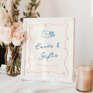 Affiche Cartes et cadeaux rose et bleu dessinés à la main