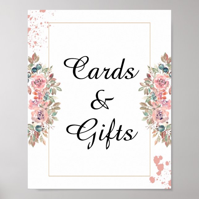 Affiche Cartes et cadeaux rose moderne or mariage floral  (Devant)