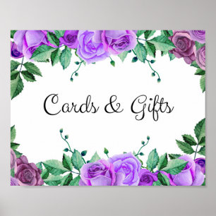 Affiche Cartes et cadeaux. Roses violets. Panneau mariage 