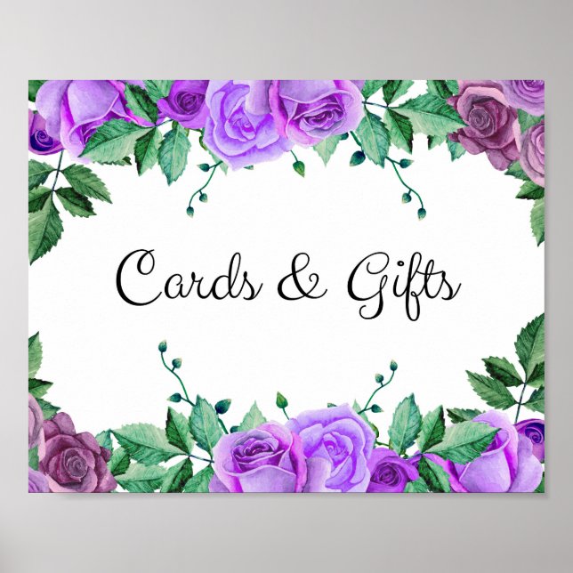 Affiche Cartes et cadeaux. Roses violets. Panneau mariage  (Devant)
