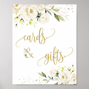 Affiche Cartes et cadeaux Script Sign Roses blanches feuil