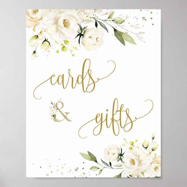 Affiche Cartes et cadeaux Script Sign Roses blanches feuil (Devant)