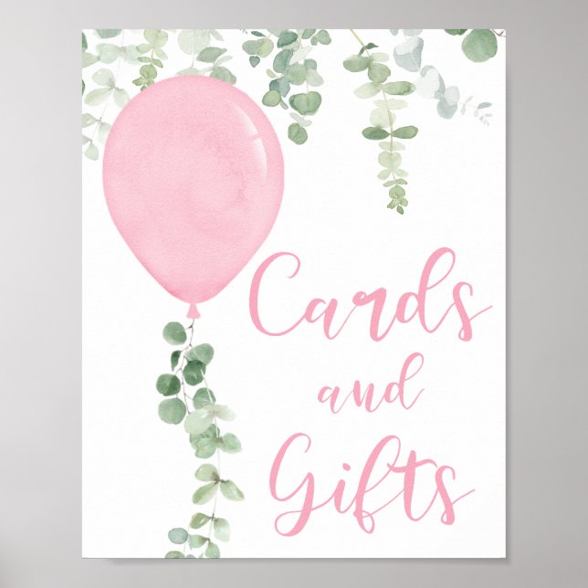 Affiche Cartes et cadeaux signe ballons roses baby shower (Devant)