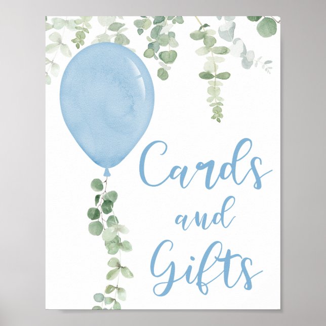 Affiche Cartes et cadeaux signe bleu ballons baby shower (Devant)