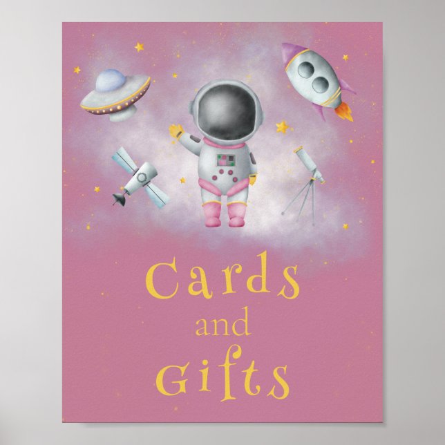 Affiche Cartes et cadeaux Spatiale fille astronaute roquet (Devant)