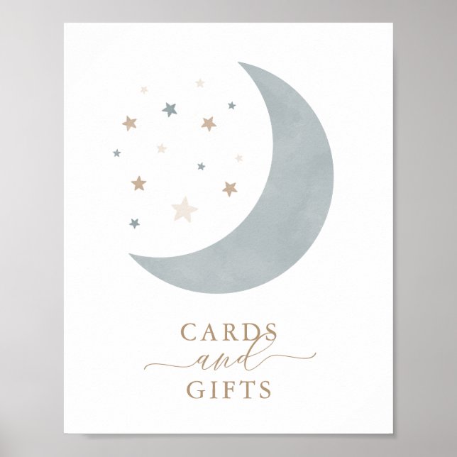 Affiche Cartes et cadeaux sur la lune Baby shower garçon (Devant)
