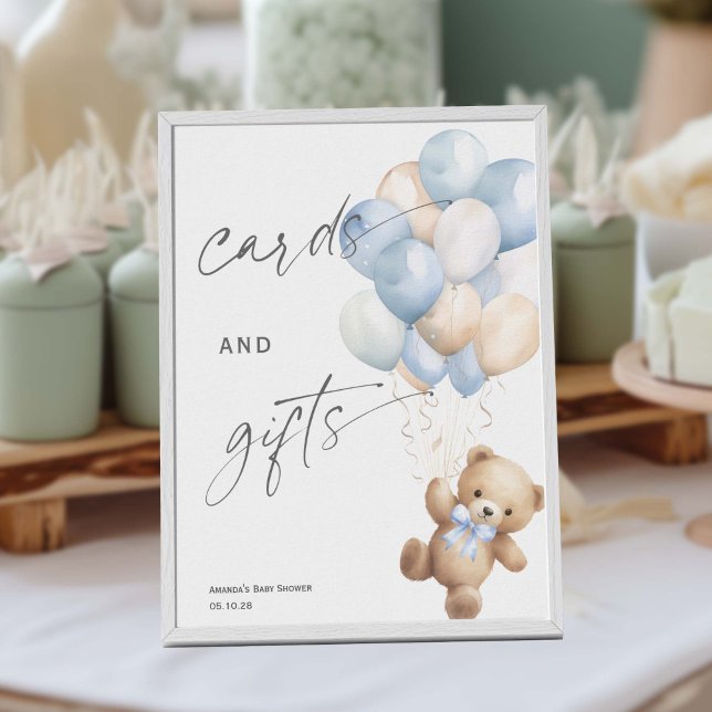Affiche Cartes et signes cadeaux, bleu Bearly wait Symbole (Blue Baby Boy Shower, We Can Bearly Wait Themed Cards and gifts sign)