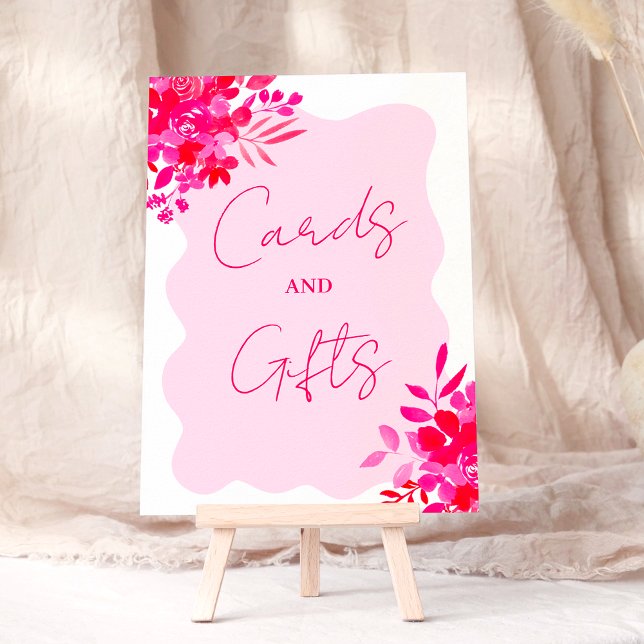 Affiche Cartes florales roses chaudes ondulées roses rouge (Hot pink wavy red pink floral cards gifts shower poster)
