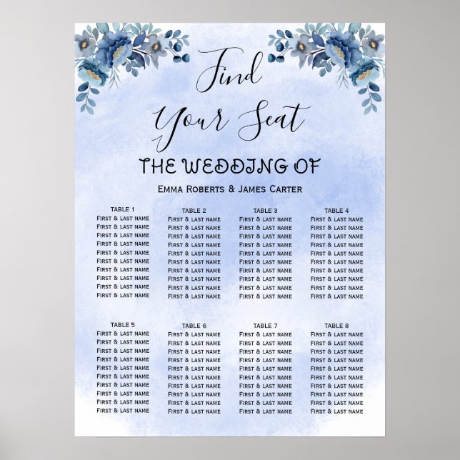 Affiche Carton de mariage à fleurs bleues Plan de table de (Devant)