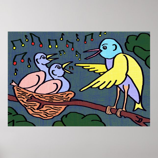 Affiche Cartoon birds singing in a tree (Devant)