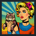 Affiche Cartoon Comic Pop Art Femmes tenant un chat<br><div class="desc">Art de la bande dessinée rétro pop art réalisé avec une femme du milieu du siècle tenant un chat mignon. Un art lumineux et coloré.</div>