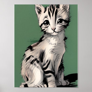 Affiche Cartoon kitten rayé voix kitty vert