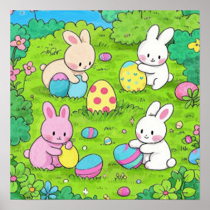 Affiche Cartoon lapins de Pâques et oeufs colorés