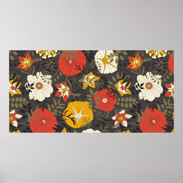 Affiche cartoon leaves and flowers on a dark background in (Devant)