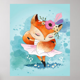 Affiche Cartoon Little Fox Jovely Fox Floral